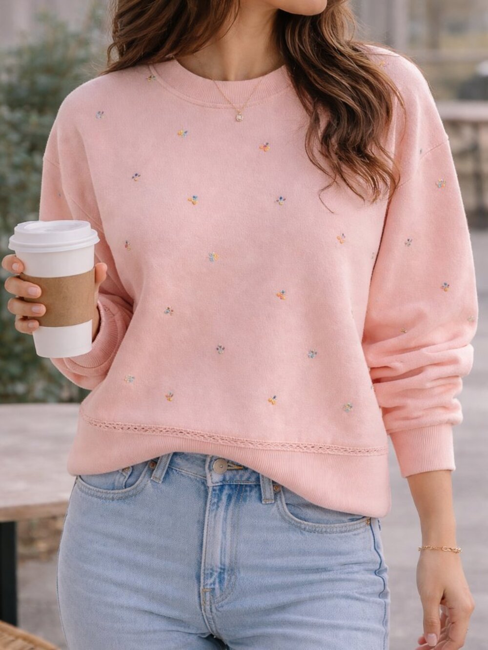 Something Navy Peach Floral Embroidered Sweatshirt | Feminine Crewneck Casual